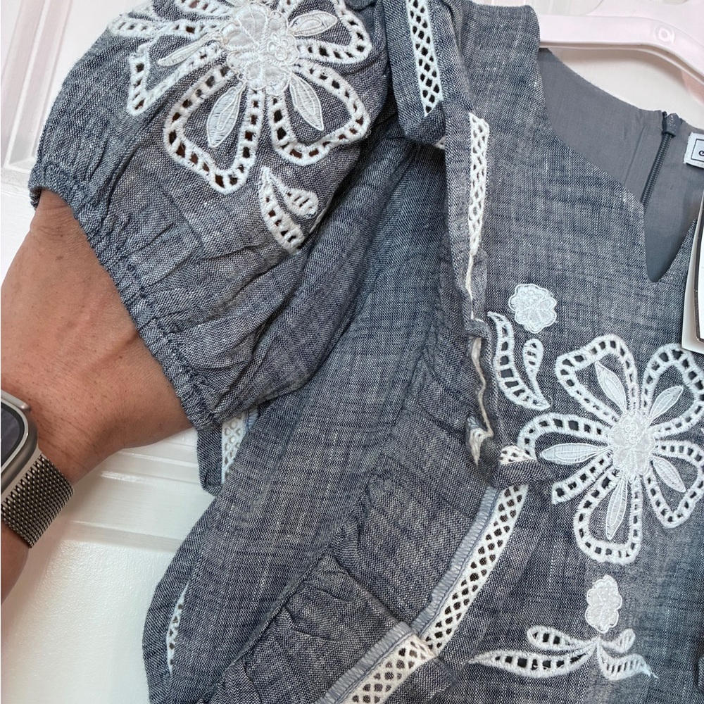 Tartine et Chocolat Linen Denim Jumpsuit with White Embroidery - Picture 5 of 8